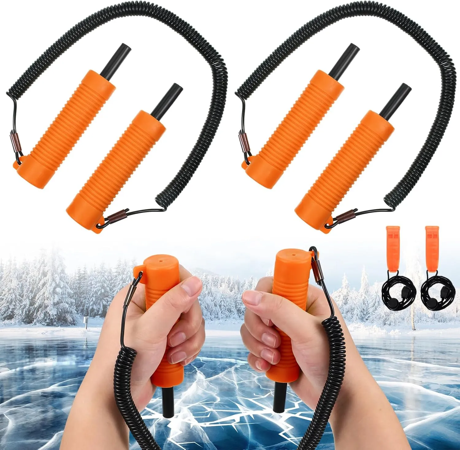 Gisafai 4 Pcs Retractable Ice Safety Picks Kits for Ice Fishing Skating Emergency Gear Accessories(Orange,Separate)