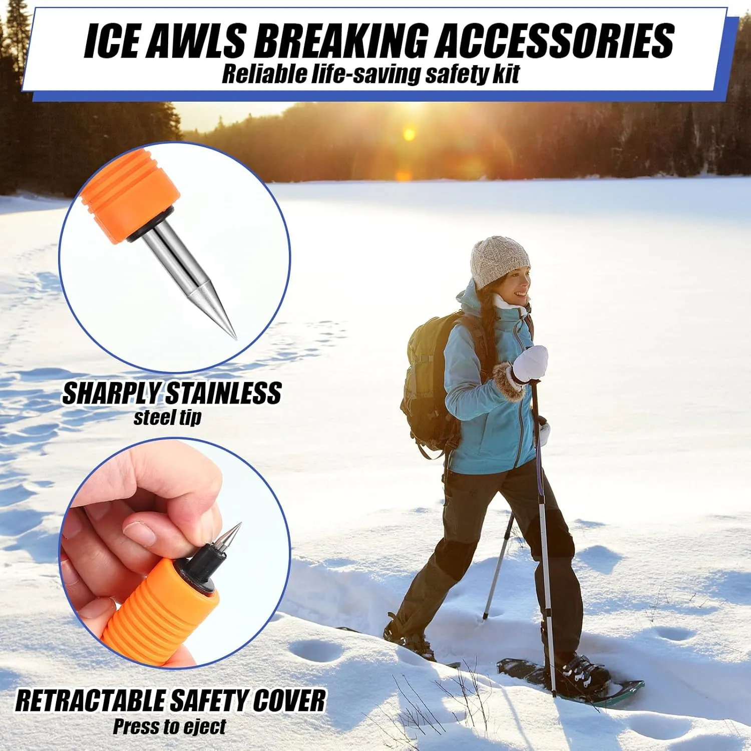 Gisafai 4 Pcs Retractable Ice Safety Picks Kits for Ice Fishing Skating Emergency Gear Accessories(Orange,Separate)