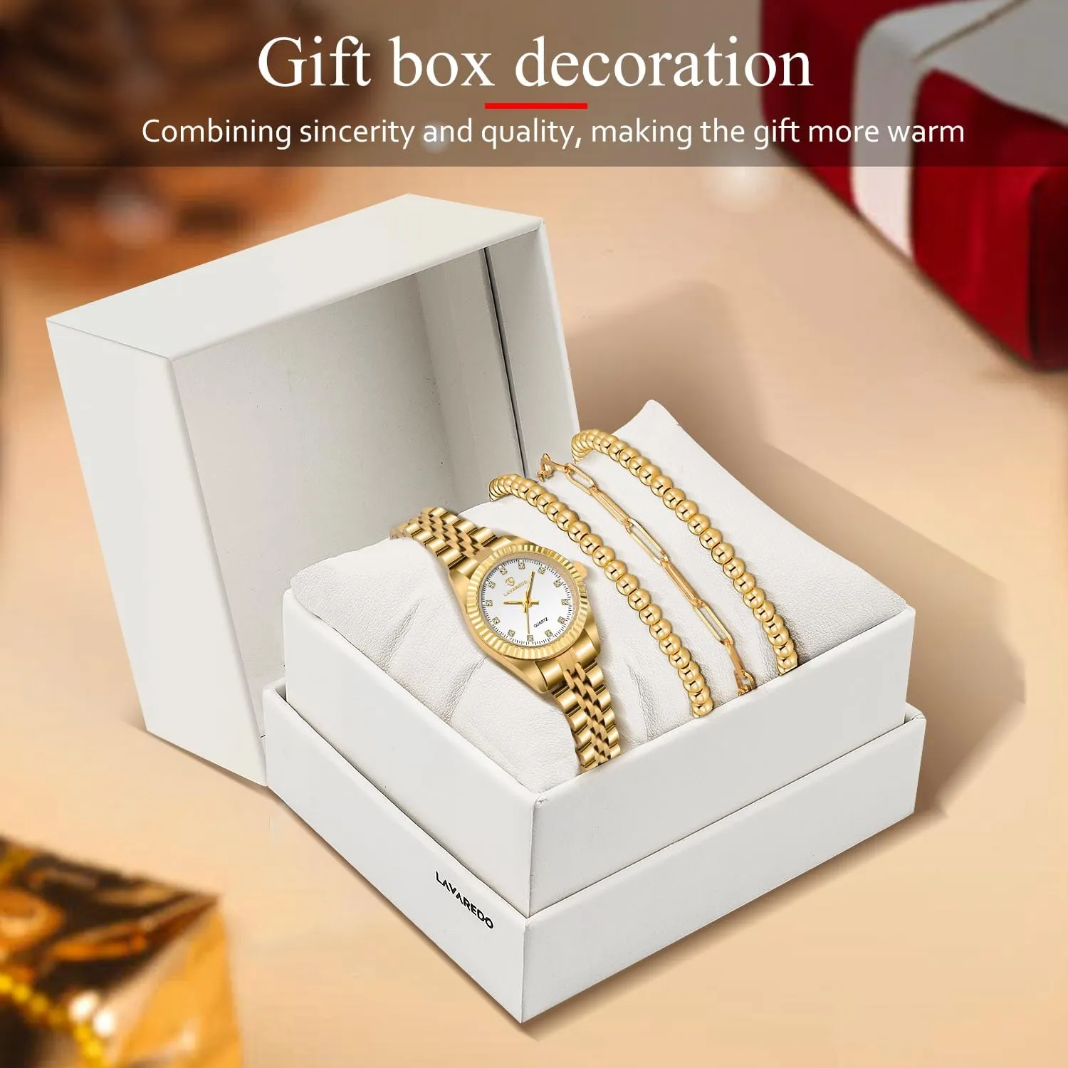 Gold Womens Watch Set, 18K Gold Plated Bangle Bracelets Ring for Women, Dainty Ladies Wrist Waterproof Analog Watch with Luminous, Valentine Anniversary Birthday Gifts for Women