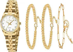 Gold Womens Watch Set, 18K Gold Plated Bangle Bracelets Ring for Women, Dainty Ladies Wrist Waterproof Analog Watch with Luminous, Valentine Anniversary Birthday Gifts for Women