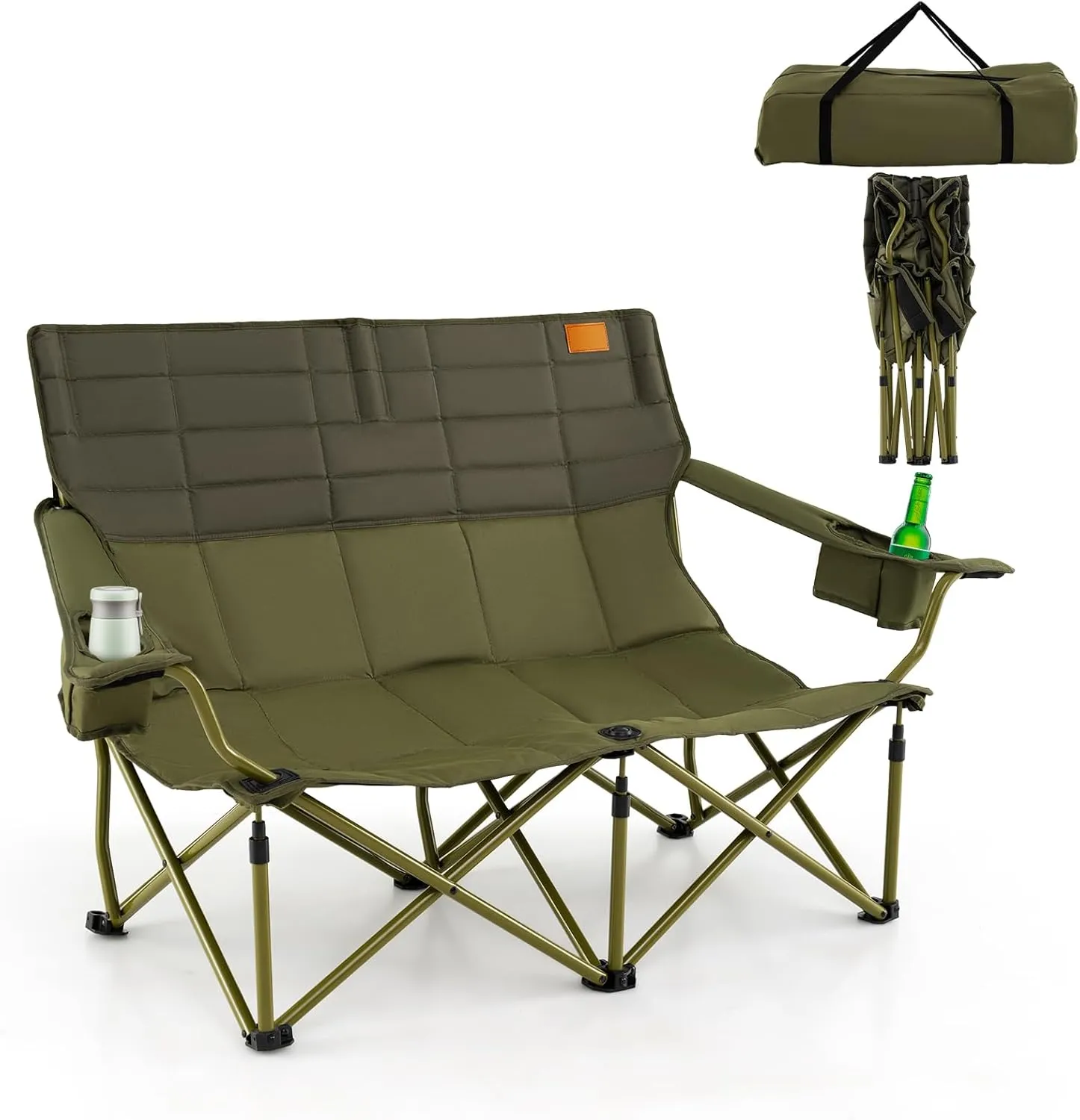 Goplus Double Camping Chair for Adults, Low Outdoor Folding Loveseat Couch Chair w/Cup Holders Thick Padding, Heavy-Duty 2 Person Lawn Chair for Beach Picnic Travel Supports 660 LBS(2-Person Seat)