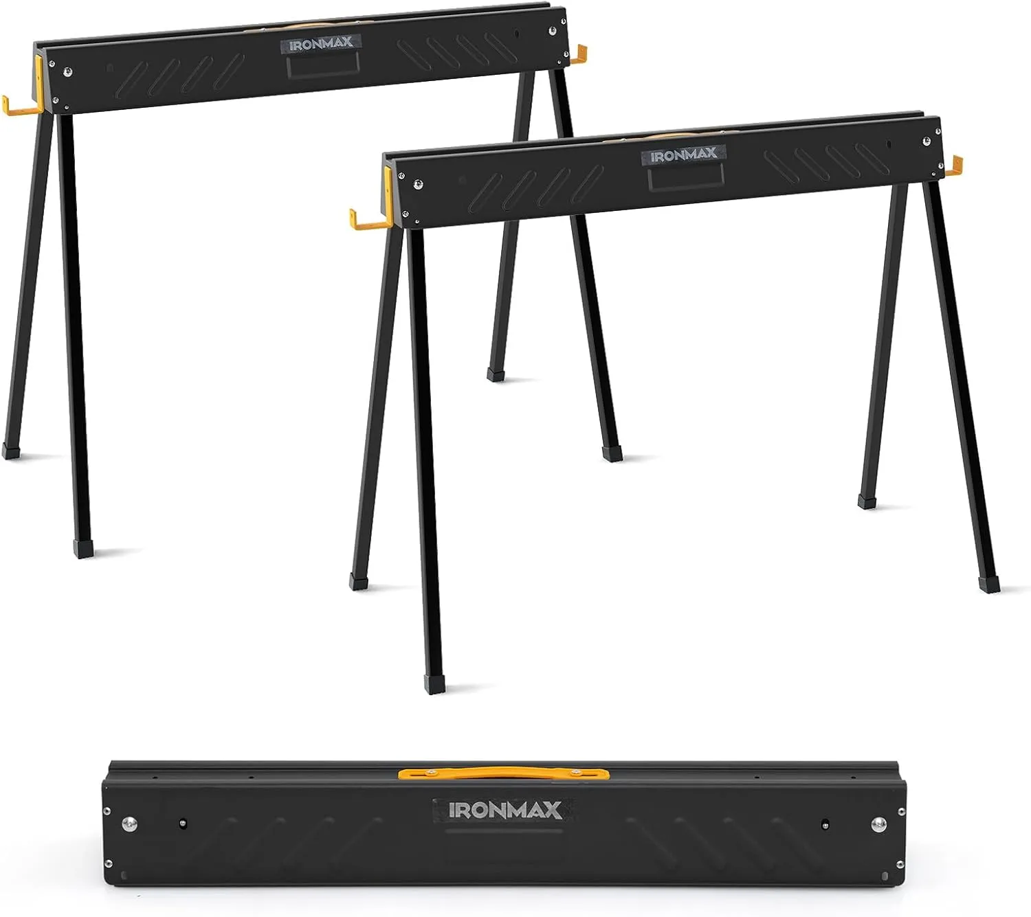 Goplus Saw Horses 2-Pack Folding, 2200 LBS Heavy-Duty Metal Saw Horses w/ 2 x 4 Brackets, Portable Power Tool Stand w/ Carrying Handle for Woodworking Projects