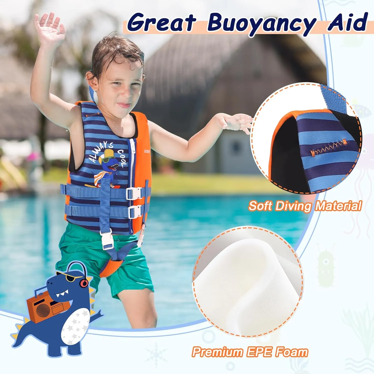 GOSEN Toddler Swim Vest Kids Floaties - Swim Jacket for 1-8 Years (24-80LBS) - Children Pool Float with Dual Adjustable Safety Straps, Swimming Aid for Boys and Girls