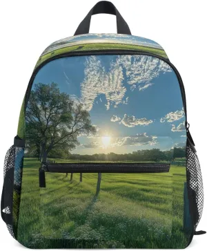 Green Grassy Field with Tree Toddler Backpack School Bag Girls Preschool Bookpack Boys Kindergarten Children Backpacks Kids Age 3-8