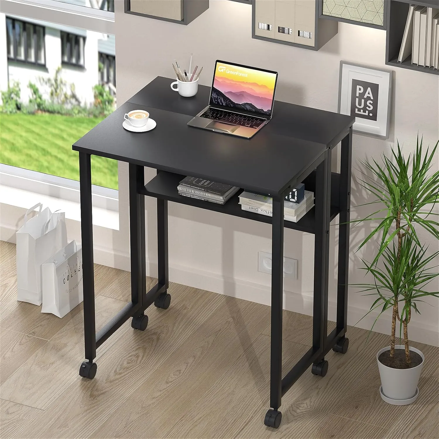 GreenForest Folding Desk Small Rolling Desk with Storage Shelf,31.5 inch Foldable Computer Desk with Wheels for Small Space, Easy Assembly,Black