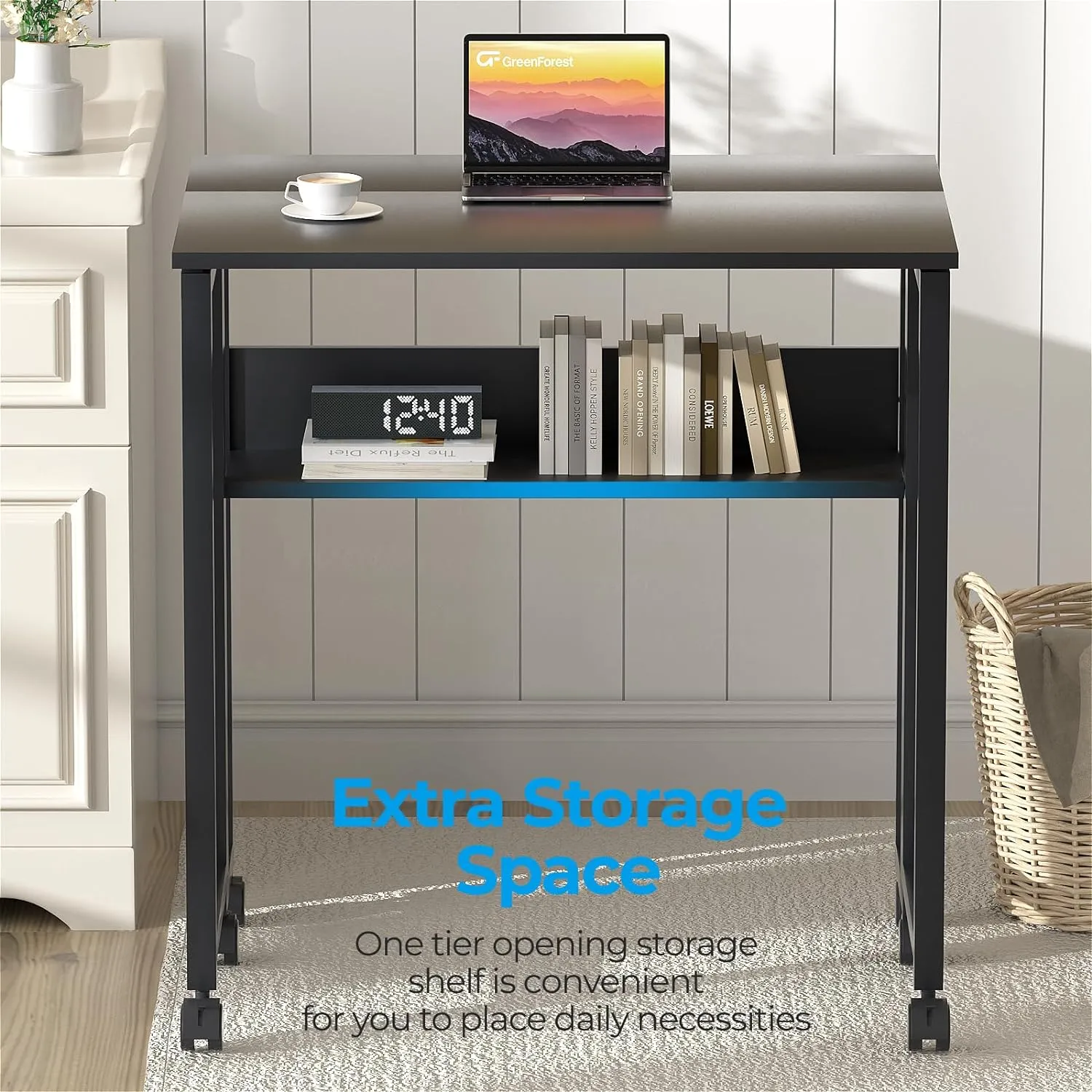 GreenForest Folding Desk Small Rolling Desk with Storage Shelf,31.5 inch Foldable Computer Desk with Wheels for Small Space, Easy Assembly,Black