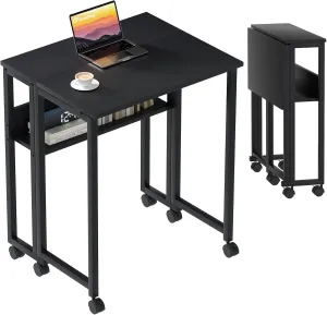 GreenForest Folding Desk Small Rolling Desk with Storage Shelf,31.5 inch Foldable Computer Desk with Wheels for Small Space, Easy Assembly,Black