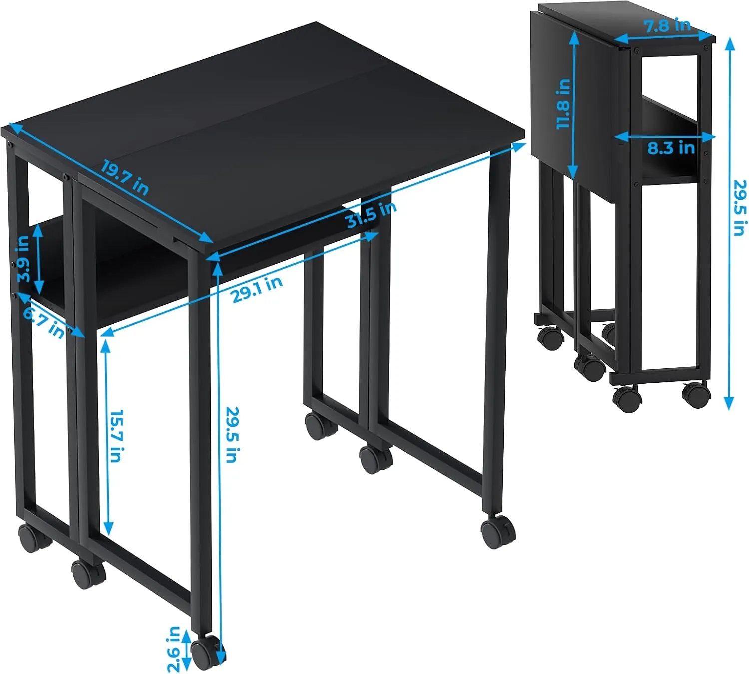 GreenForest Folding Desk Small Rolling Desk with Storage Shelf,31.5 inch Foldable Computer Desk with Wheels for Small Space, Easy Assembly,Black