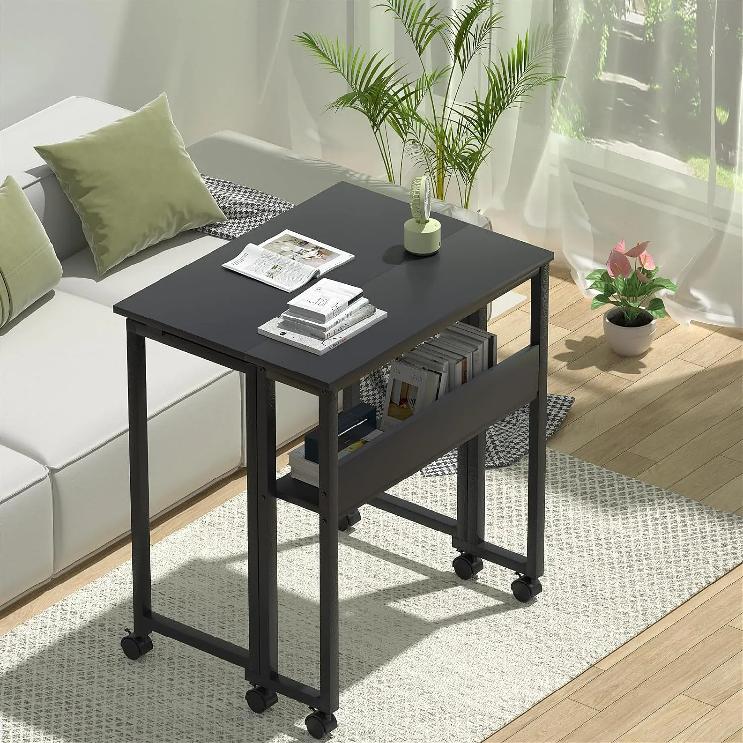 GreenForest Folding Desk Small Rolling Desk with Storage Shelf,31.5 inch Foldable Computer Desk with Wheels for Small Space, Easy Assembly,Black