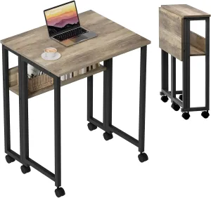 GreenForest Folding Desk Small Rolling Desk with Storage Shelf,31.5 inch Foldable Computer Desk with Wheels for Small Space,Easy Assembly,Grey Wash