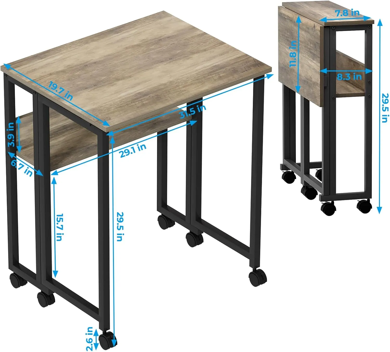 GreenForest Folding Desk Small Rolling Desk with Storage Shelf,31.5 inch Foldable Computer Desk with Wheels for Small Space,Easy Assembly,Grey Wash