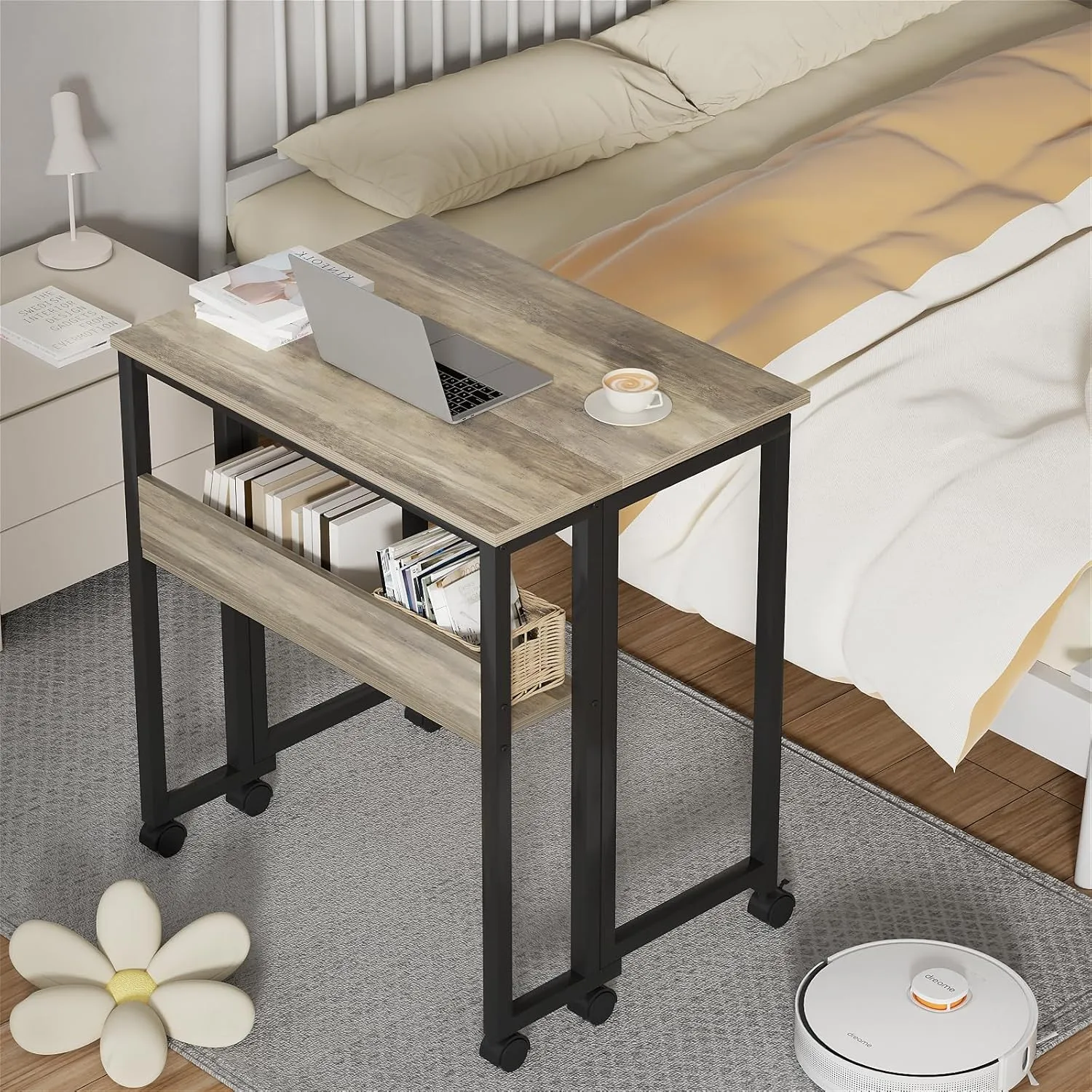 GreenForest Folding Desk Small Rolling Desk with Storage Shelf,31.5 inch Foldable Computer Desk with Wheels for Small Space,Easy Assembly,Grey Wash
