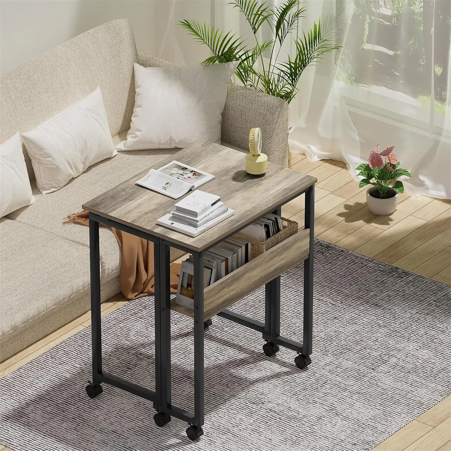 GreenForest Folding Desk Small Rolling Desk with Storage Shelf,31.5 inch Foldable Computer Desk with Wheels for Small Space,Easy Assembly,Grey Wash