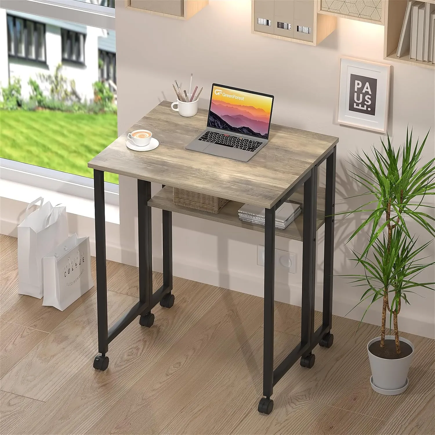 GreenForest Folding Desk Small Rolling Desk with Storage Shelf,31.5 inch Foldable Computer Desk with Wheels for Small Space,Easy Assembly,Grey Wash