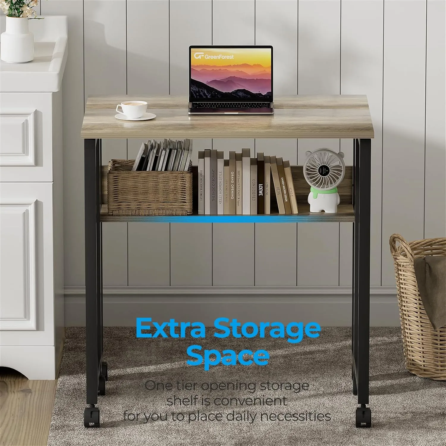 GreenForest Folding Desk Small Rolling Desk with Storage Shelf,31.5 inch Foldable Computer Desk with Wheels for Small Space,Easy Assembly,Grey Wash