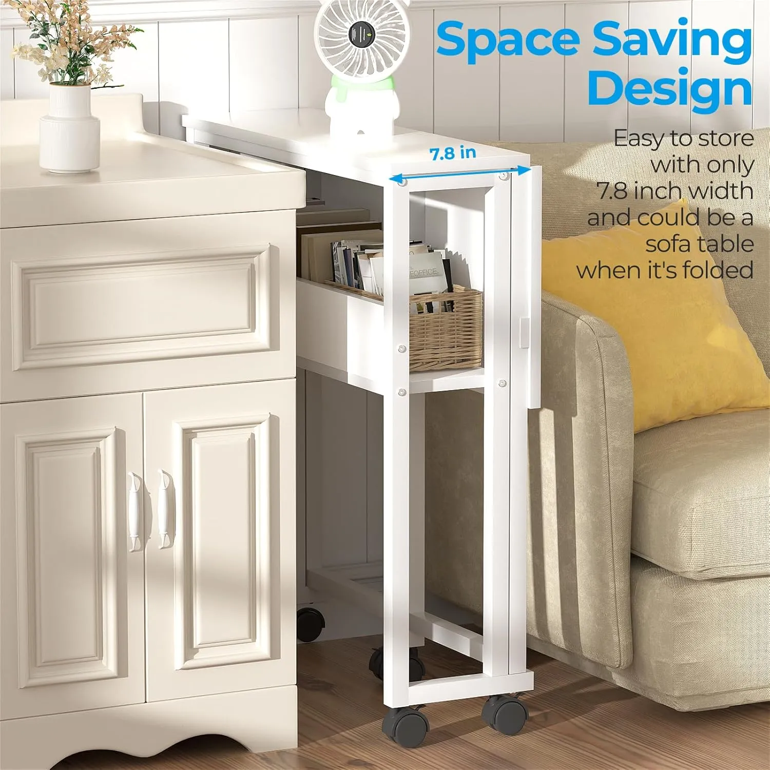 GreenForest Folding Desk White Desk with Storage Shelf Small Size, Foldable Computer Desk with Wheels Small Desk for Small Space, Easy Assembly, Pure White