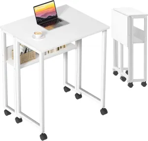 GreenForest Folding Desk White Desk with Storage Shelf Small Size, Foldable Computer Desk with Wheels Small Desk for Small Space, Easy Assembly, Pure White