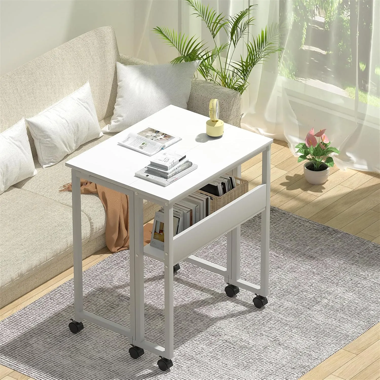 GreenForest Folding Desk White Desk with Storage Shelf Small Size, Foldable Computer Desk with Wheels Small Desk for Small Space, Easy Assembly, Pure White