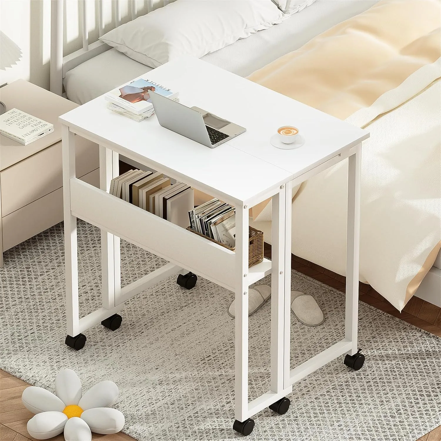 GreenForest Folding Desk White Desk with Storage Shelf Small Size, Foldable Computer Desk with Wheels Small Desk for Small Space, Easy Assembly, Pure White