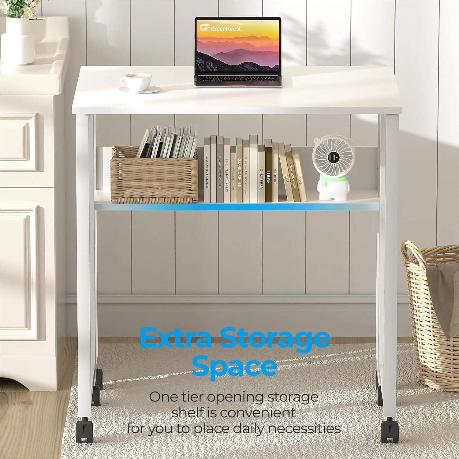 GreenForest Folding Desk White Desk with Storage Shelf Small Size, Foldable Computer Desk with Wheels Small Desk for Small Space, Easy Assembly, Pure White