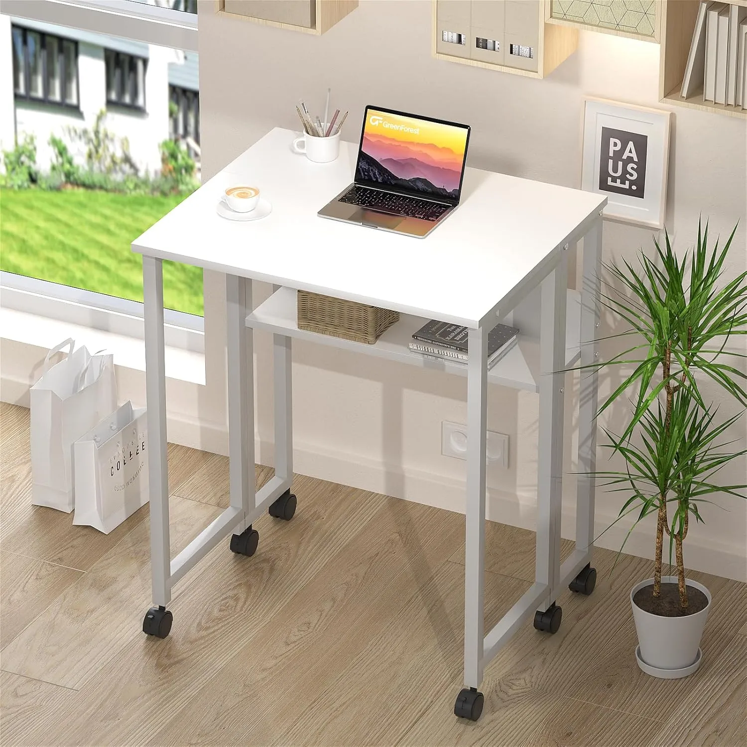 GreenForest Folding Desk White Desk with Storage Shelf Small Size, Foldable Computer Desk with Wheels Small Desk for Small Space, Easy Assembly, Pure White