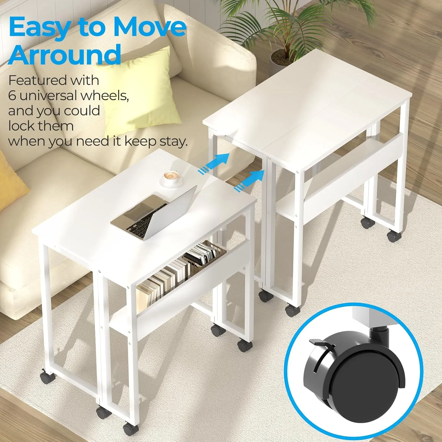 GreenForest Folding Desk White Desk with Storage Shelf Small Size, Foldable Computer Desk with Wheels Small Desk for Small Space, Easy Assembly, Pure White