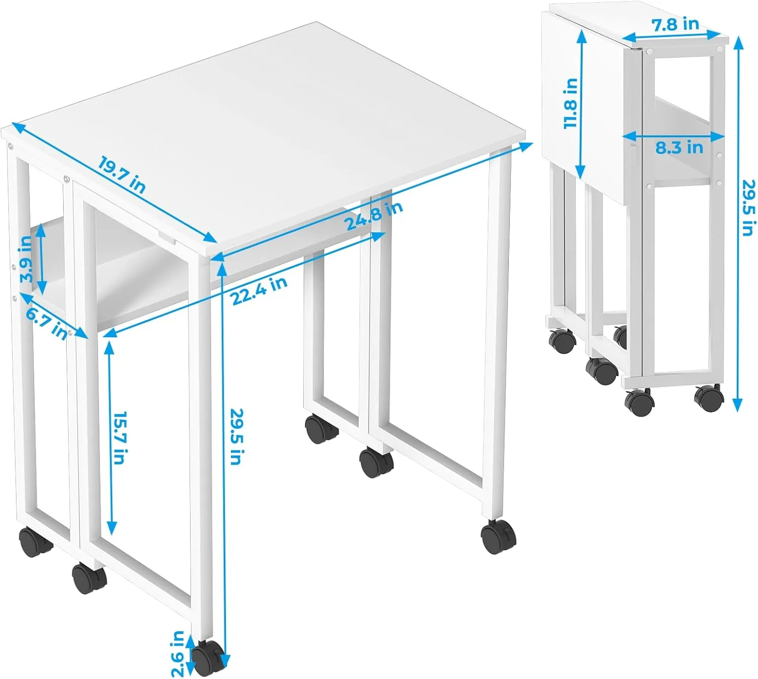 GreenForest Folding Desk White Desk with Storage Shelf Small Size, Foldable Computer Desk with Wheels Small Desk for Small Space, Easy Assembly, Pure White