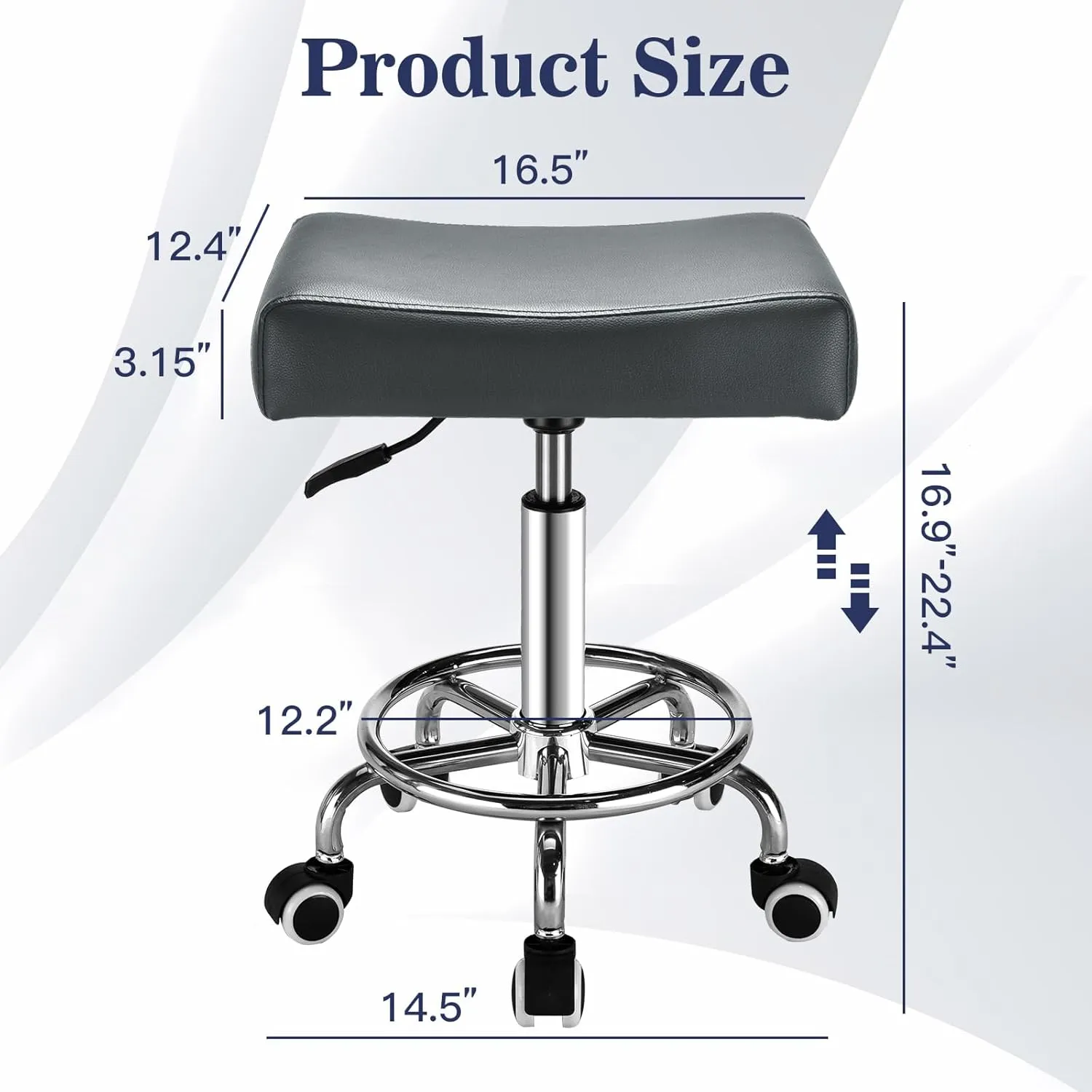 Grey Square Salon Rolling Stool - 300lbs Weight Capacity，Adjustable Swivel Stool with Wheel，Pu Leahter Comfortable Cutting Stools for Salon Tattoo Stylist Massage Perfect for Work SPA (Grey)