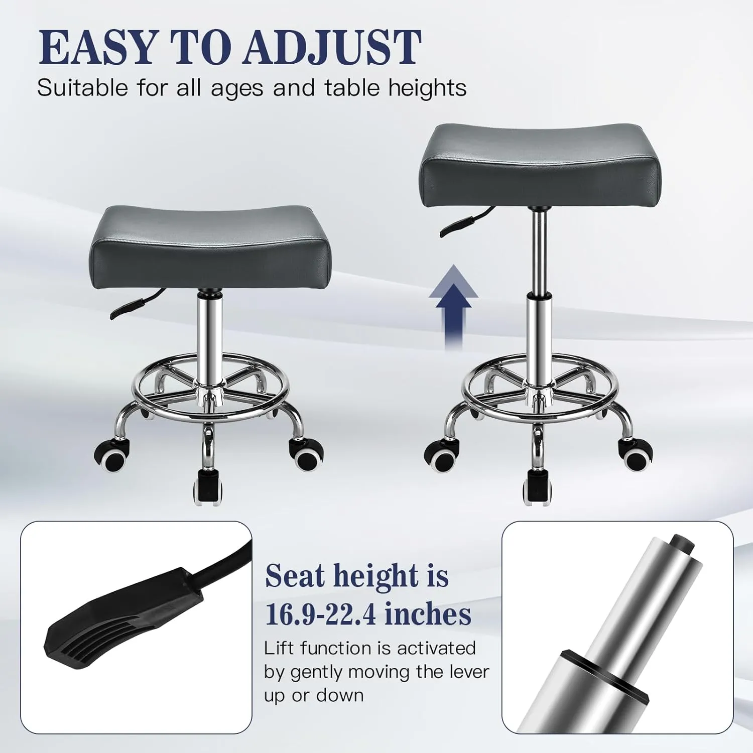 Grey Square Salon Rolling Stool - 300lbs Weight Capacity，Adjustable Swivel Stool with Wheel，Pu Leahter Comfortable Cutting Stools for Salon Tattoo Stylist Massage Perfect for Work SPA (Grey)