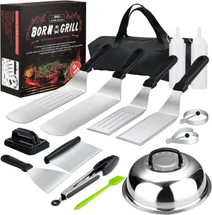 Griddle Accessories,15 Pcs Flat Top Grill Accessories kit for Blackstone and Camp,Stainless Steel BBQ Accessories with Spatula, Basting Cover,Tongs,Egg Mold & Carry Bag for Outdoor BBQ Teppanyaki