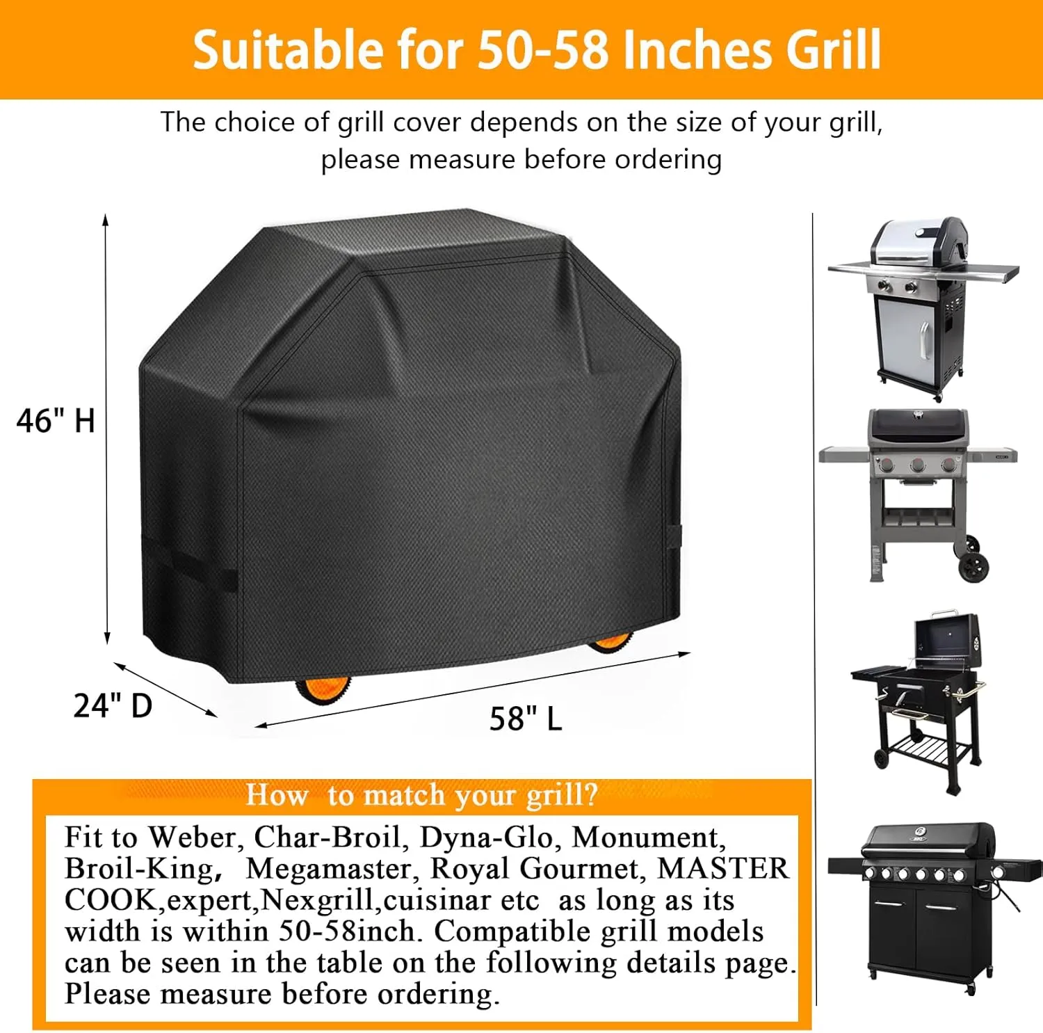 Grill Cover, 58 inch Heavy Duty BBQ Gas Grill Cover for Outdoor Grill, Charbroil Grill Cover Barbecue Waterproof for Weber Char-Broil Monument, Dyna-glo Nexgrill T-Spun Polyester