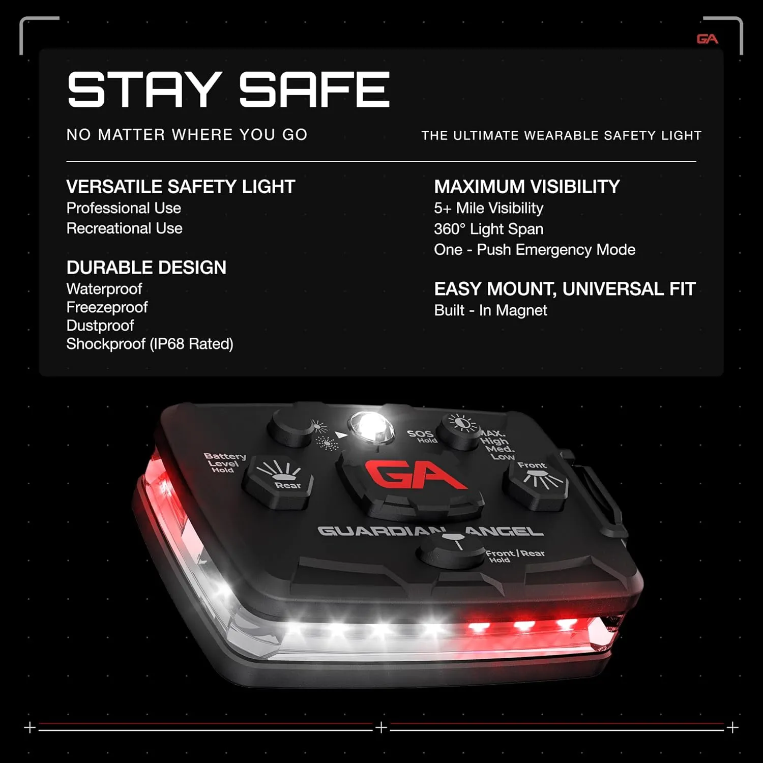 Guardian Angel Elite Series Safety Light, Beacon Device (White/Red Front & White/Red Rear) Rechargeable, Magnetic, Hands-Free Wearable & Mountable LED Light for First Responders, EMS, & Firefighters