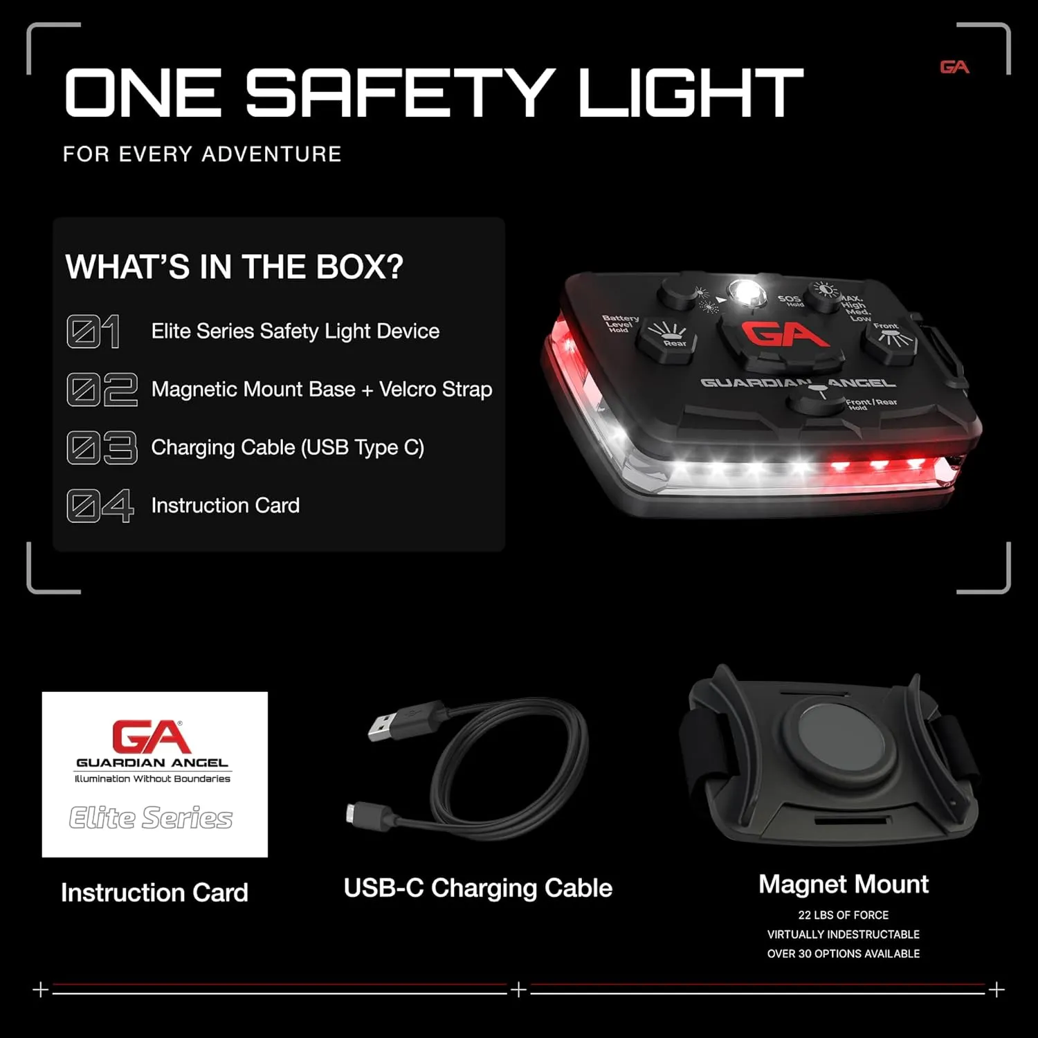 Guardian Angel Elite Series Safety Light, Beacon Device (White/Red Front & White/Red Rear) Rechargeable, Magnetic, Hands-Free Wearable & Mountable LED Light for First Responders, EMS, & Firefighters