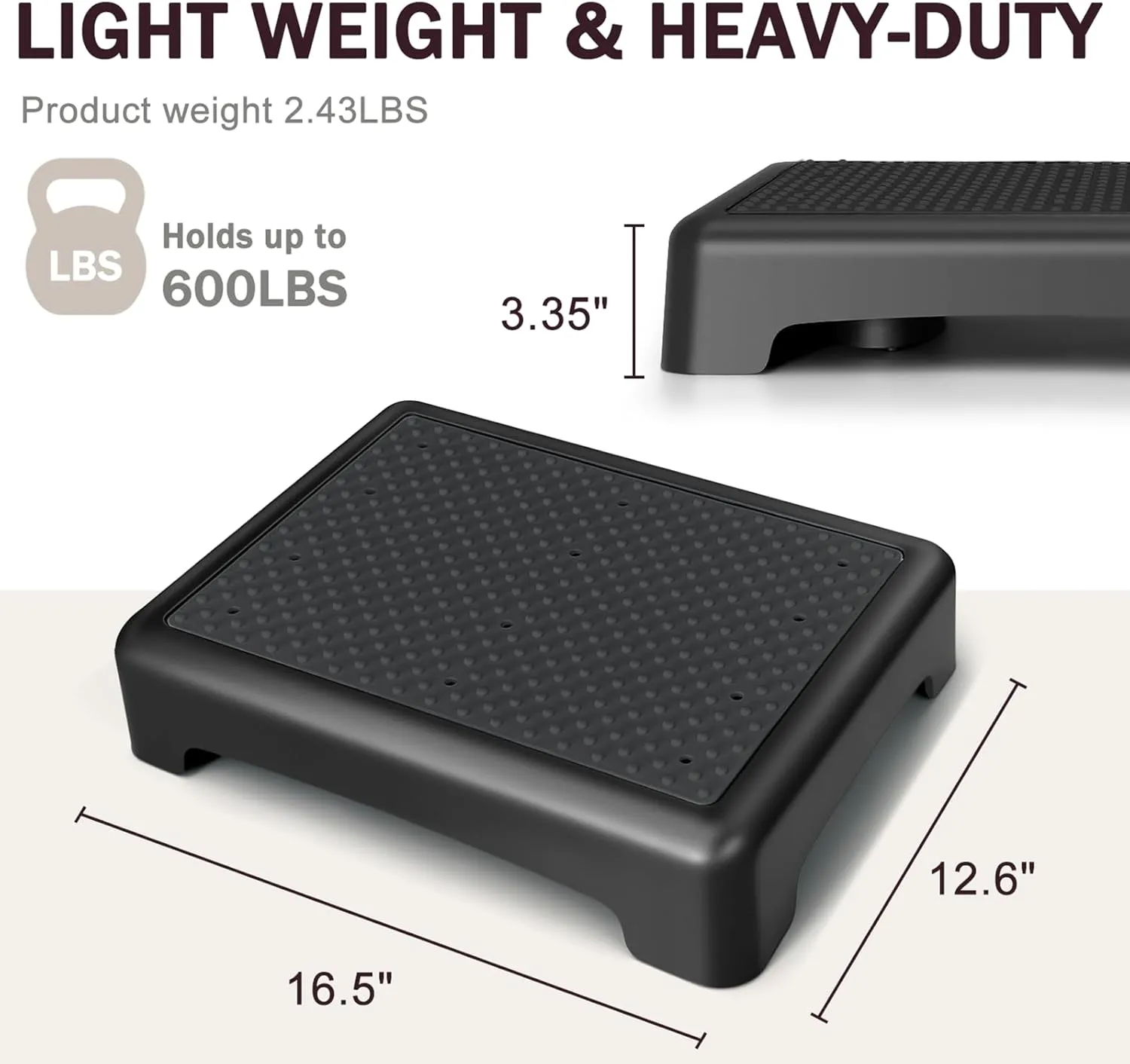 GWNF3.35'' Step Stool – 600lb Capacity Sturdy Lightweight Non-Slip Step Stools for Seniors, Kids & Adults | Wide Mobility Step Stool for Bedside, Car, Kitchen, Bathroom & Daily Use（Black-Black）