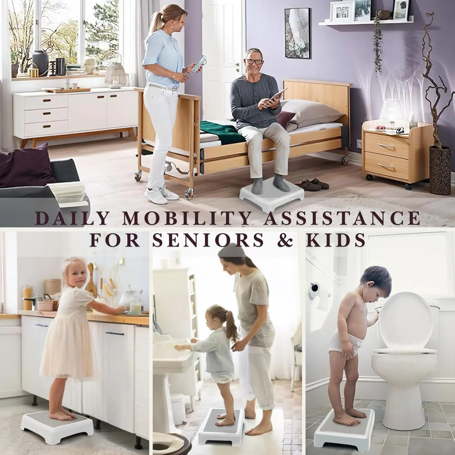 GWNF3.35'' Step Stool – 600lb Capacity Sturdy Lightweight Non-Slip Step Stools for Seniors, Kids & Adults | Wide Mobility Step Stool for Bedside, Car, Kitchen, Bathroom & Daily Use（White-Grey）