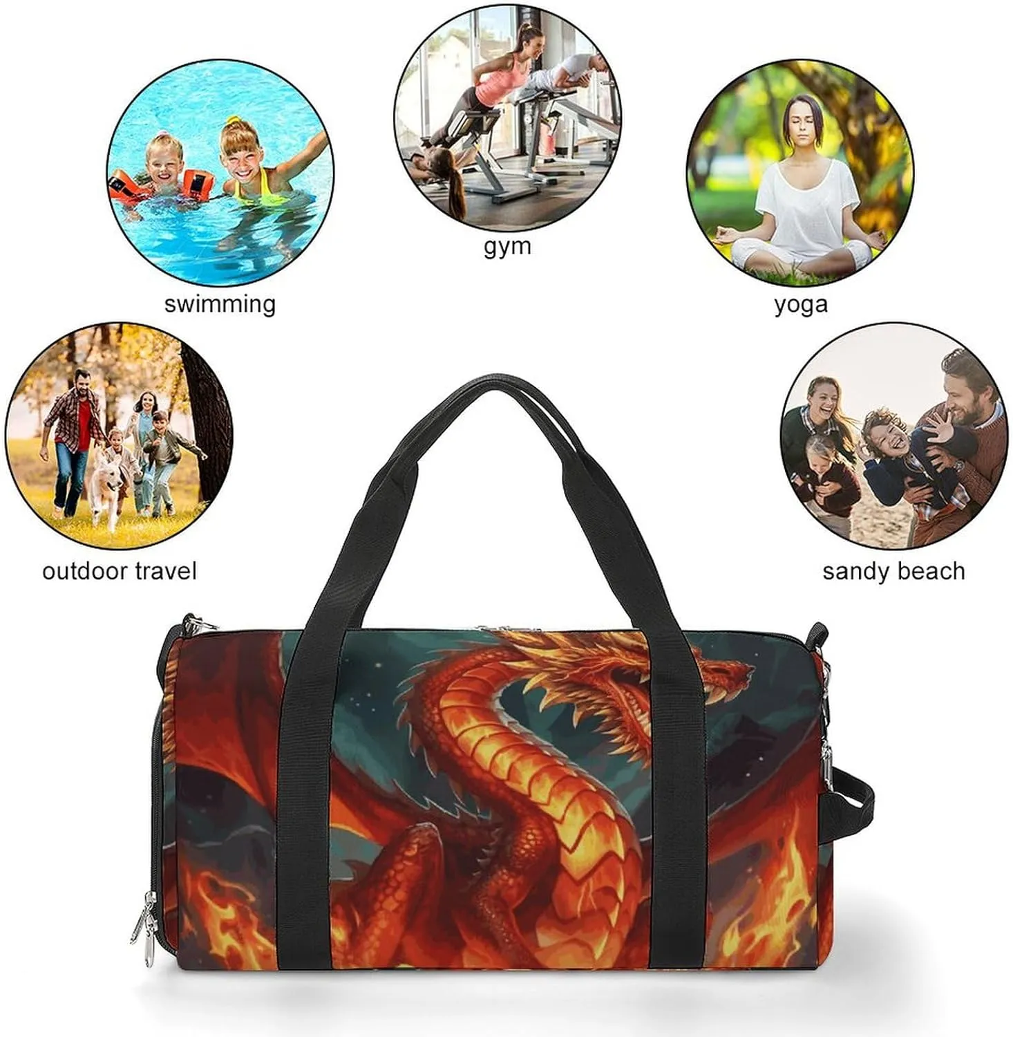 Gym Bags Small Dragon King in Fire Duffel Bag Overnight Bag with Shoe Compartment Carryon Bag for Men Women