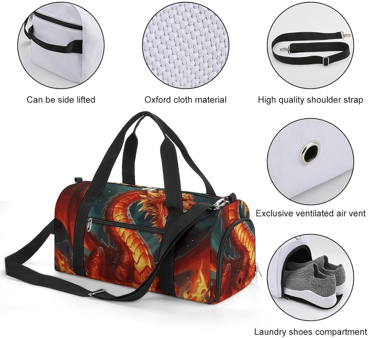 Gym Bags Small Dragon King in Fire Duffel Bag Overnight Bag with Shoe Compartment Carryon Bag for Men Women