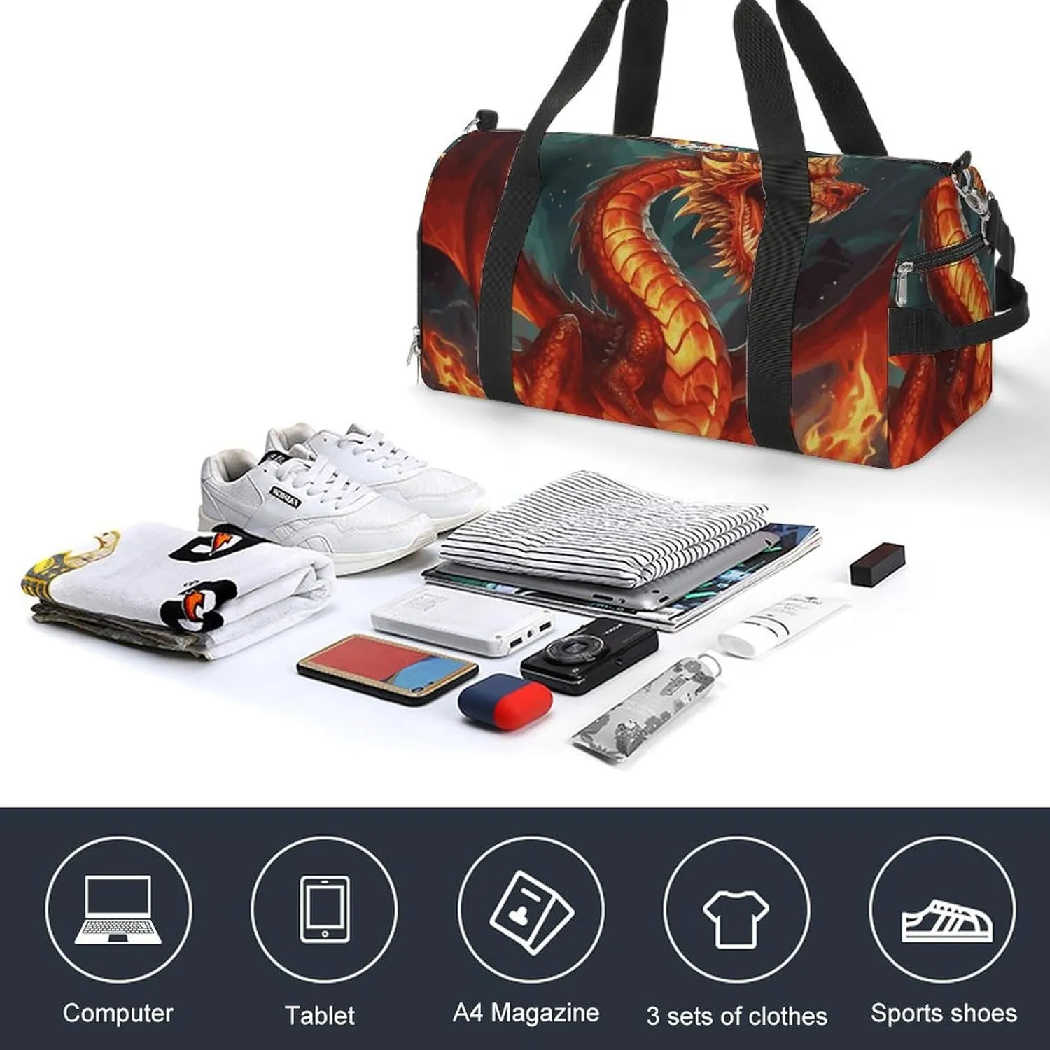 Gym Bags Small Dragon King in Fire Duffel Bag Overnight Bag with Shoe Compartment Carryon Bag for Men Women