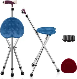 GYMAX Walking Stick Chair Combo, Folding Cane Seat with LED Light, Massage Seat Board & Ergonomic Handle, Adjustable Anti-Skid Walking Stick with Stool, Lightweight Outdoor Travel Rest Stool