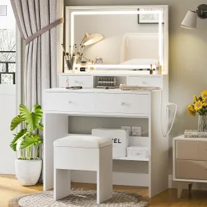 Haewon Vanity Desk with Lighted Mirror and Charging Station, Makeup Vanity Table Set with 4 Drawers and Storage Chair, White Dressing Table with 3 Lighting Modes for Bedroom
