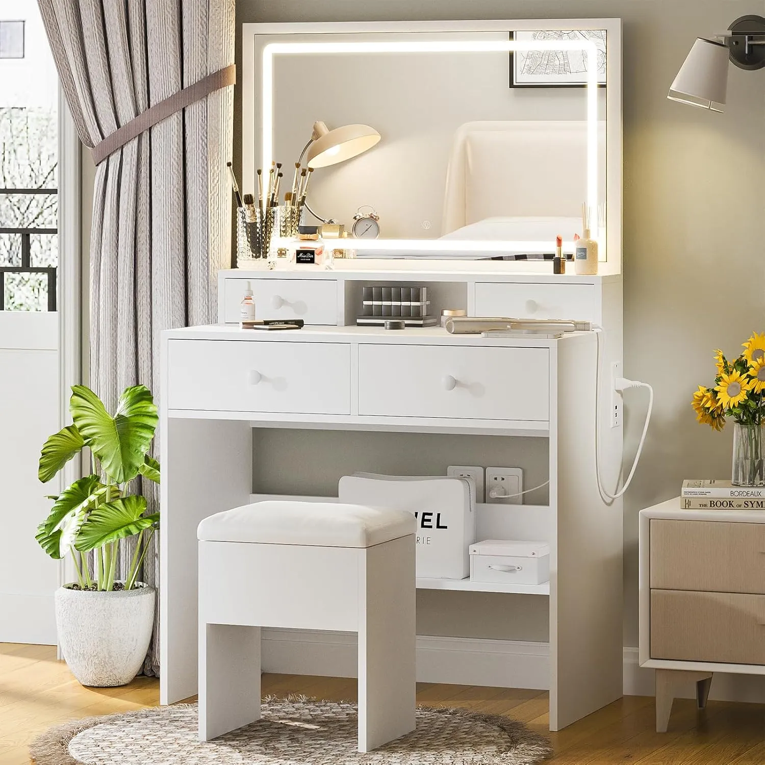 Haewon Vanity Desk with Lighted Mirror and Charging Station, Makeup Vanity Table Set with 4 Drawers and Storage Chair, White Dressing Table with 3 Lighting Modes for Bedroom