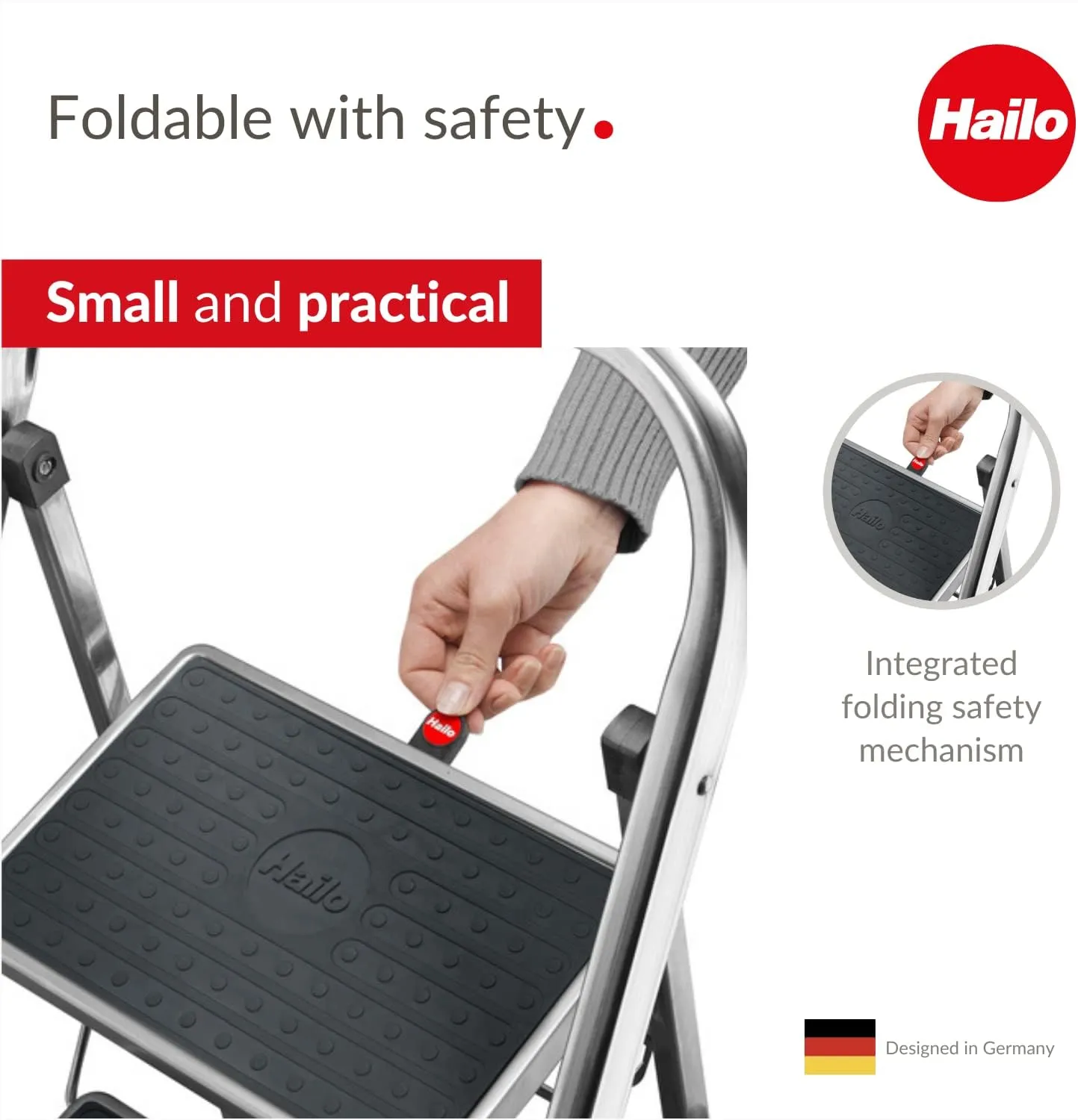 Hailo K60 StandardLine | Aluminum Folding Step | Two Large Steps with Non-Skid mats | Folding Safety Mechanism | Rectangular Rail for Convenient Transport| Rustproof | Easy to Store
