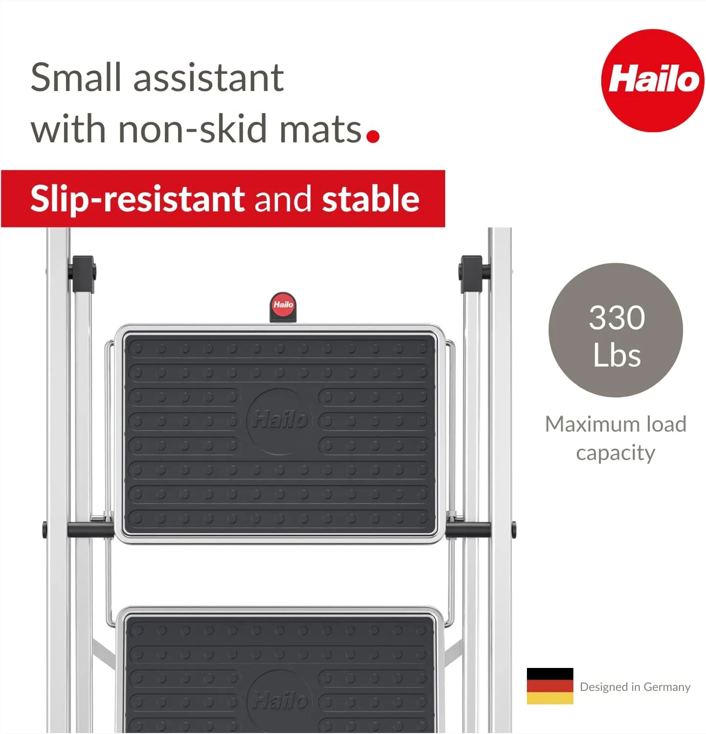 Hailo K60 StandardLine | Aluminum Folding Step | Two Large Steps with Non-Skid mats | Folding Safety Mechanism | Rectangular Rail for Convenient Transport| Rustproof | Easy to Store