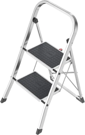 Hailo K60 StandardLine | Aluminum Folding Step | Two Large Steps with Non-Skid mats | Folding Safety Mechanism | Rectangular Rail for Convenient Transport| Rustproof | Easy to Store