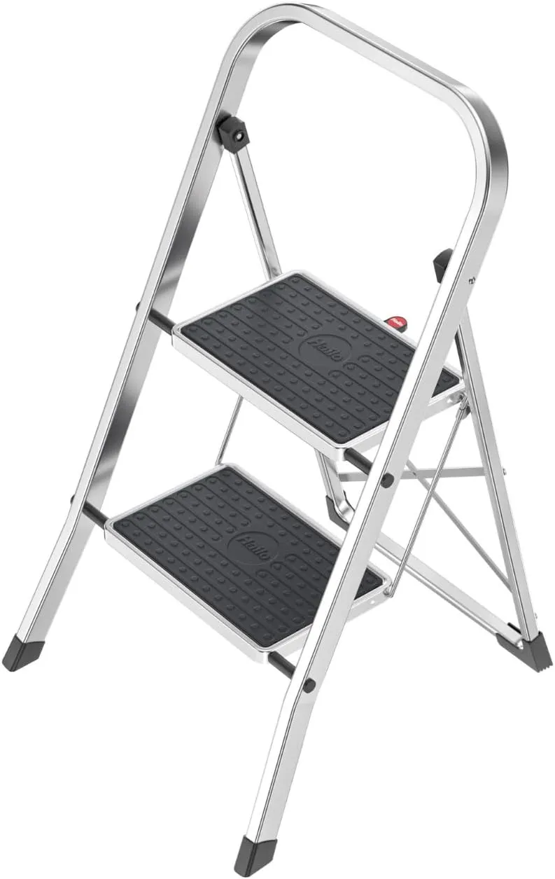 Hailo K60 StandardLine | Aluminum Folding Step | Two Large Steps with Non-Skid mats | Folding Safety Mechanism | Rectangular Rail for Convenient Transport| Rustproof | Easy to Store
