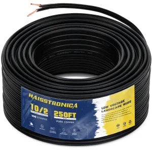 haisstronica 10/2 Low Voltage Landscape Wire 250ft - Copper Direct Burial Waterproof Cable for Landscape Lighting, Outoor Pathway Lights & Garden LED,UL Listed,UV Resistant