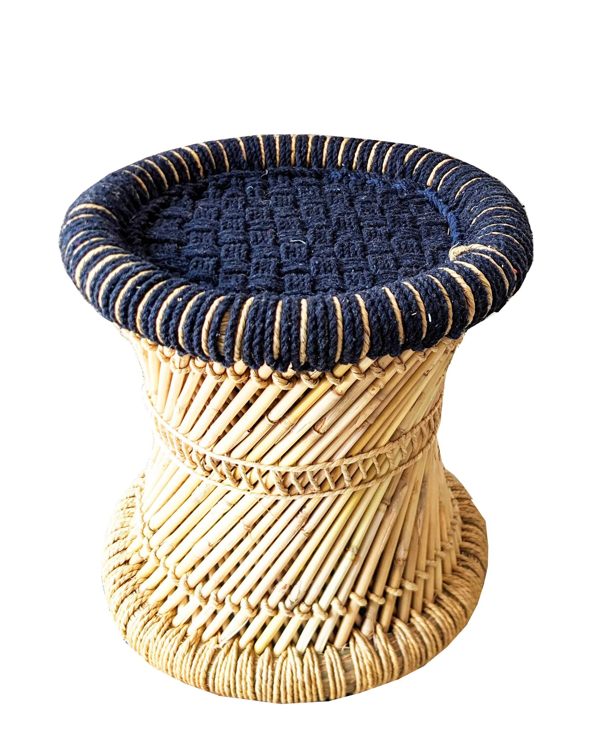 Handmakers Pure Black Cotton Bamboo Stool for Garden