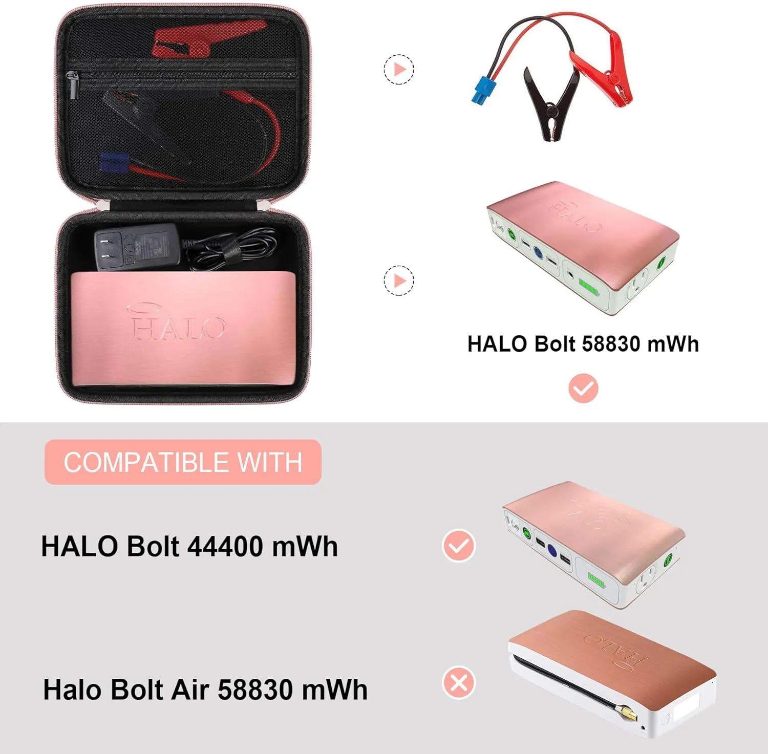 Hard Carrying Case for Halo Bolt 58830/44400/ 57720 mWh Portable Phone Laptop Charger Car Jump Starter, Power Bank Storage Holder with Mesh Pocket for AC Outlet, Car Charger, Rose Gold