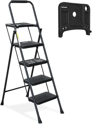 HBTower 4 Step Ladder with Tool Tray, Folding Step Stool with Wide Non-Slip Pedal and Comfort Handgrip for Household and Office, Lightweight 330lbs Capacity Step Ladder, Black