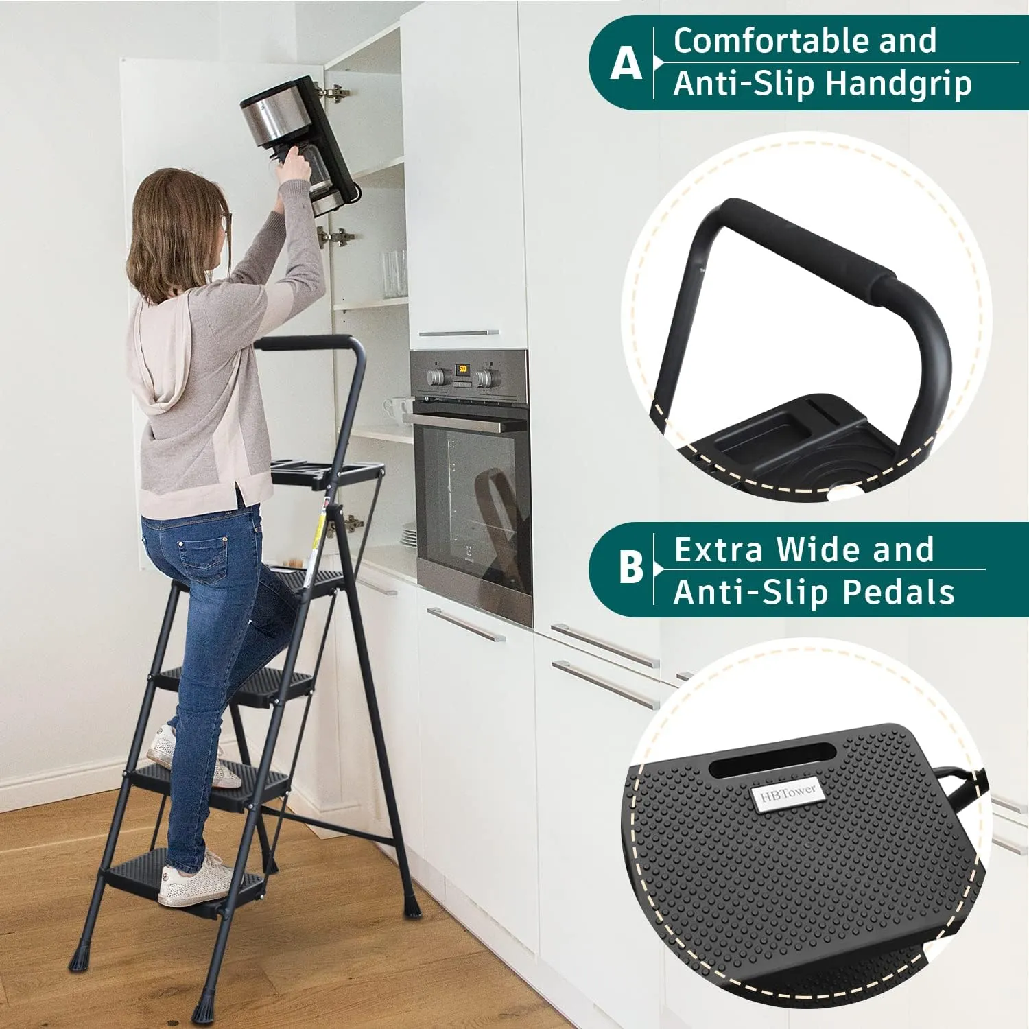 HBTower 4 Step Ladder with Tool Tray, Folding Step Stool with Wide Non-Slip Pedal and Comfort Handgrip for Household and Office, Lightweight 330lbs Capacity Step Ladder, Black